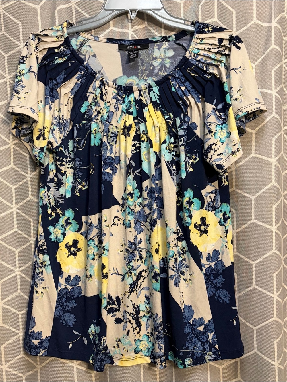 Style & Co. Navy Yellow Floral Pleated Scoop Neck Blouse